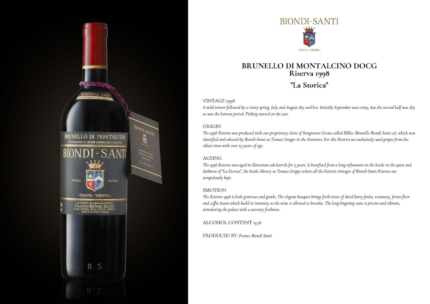 Brunello di Montalcino DOCG RISERVA 1998 750ml Biondi-Santi
