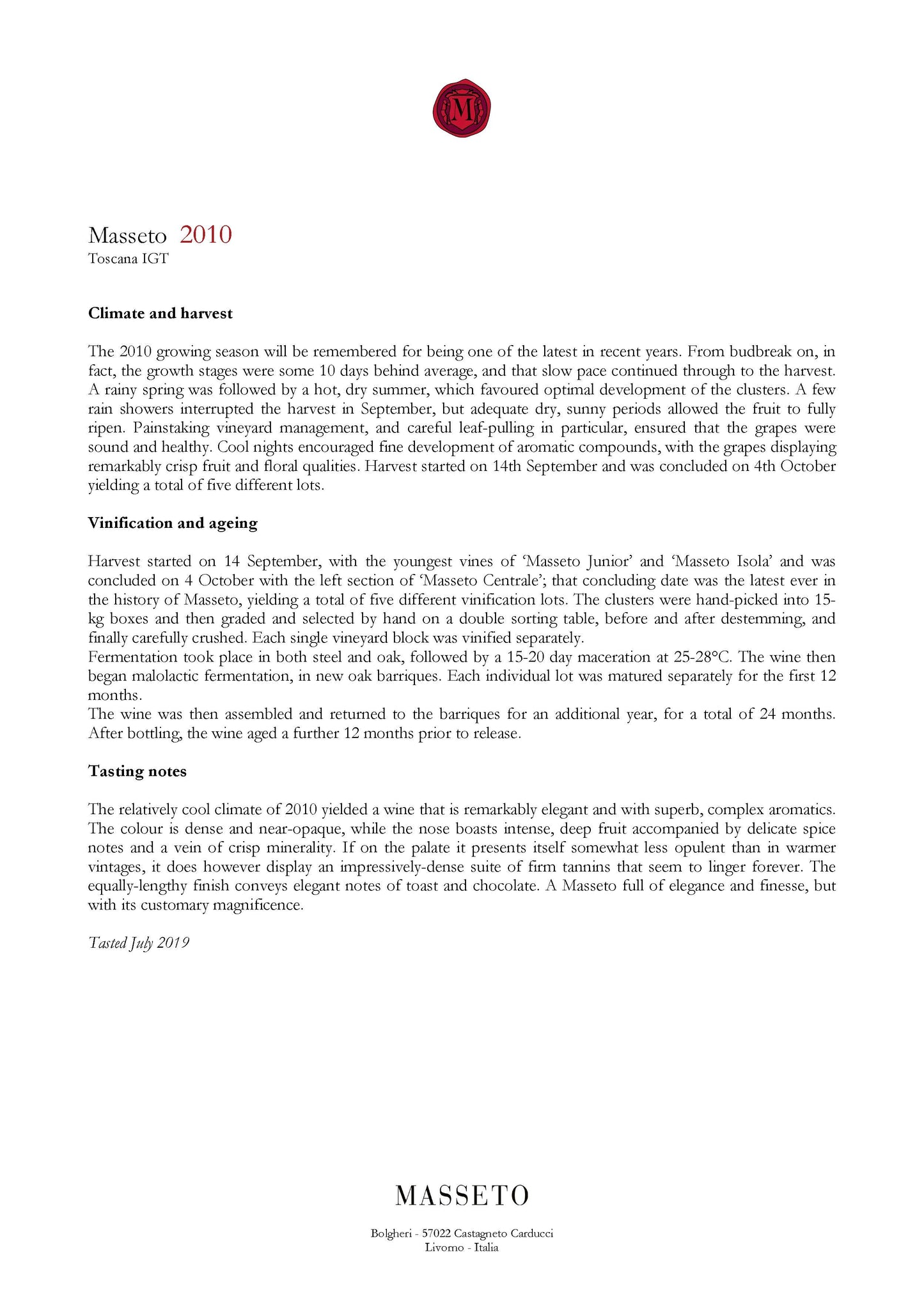Masseto 2010 Toscana IGT Magnum 1.5l 100% Merlot, Masseto